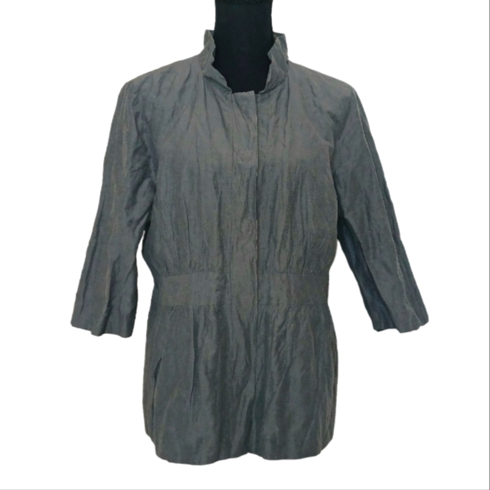 Eileen Fisher Crinkle Cotton Lined 3/4 Sleeve Jacket Women's Sz Med Gray